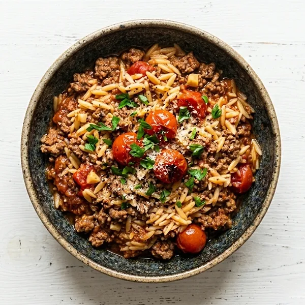 Garlic and Tomato Mince beef with Orzo Bowl